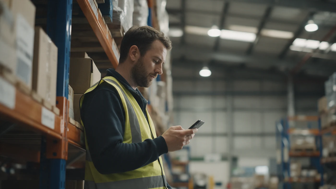 A frontline warehouse worker checking a phone during a break