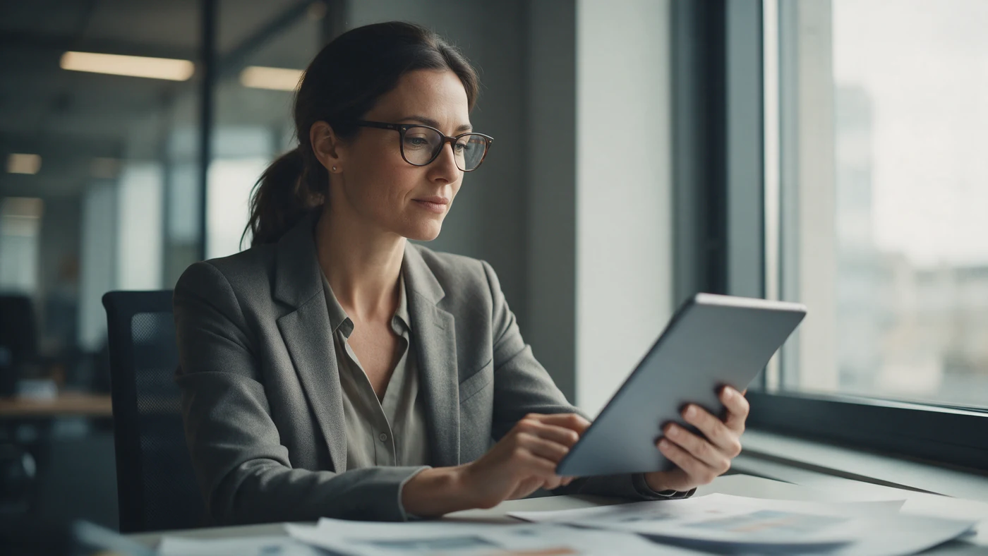 An employee reviewing an internal role match on a tablet at her desk