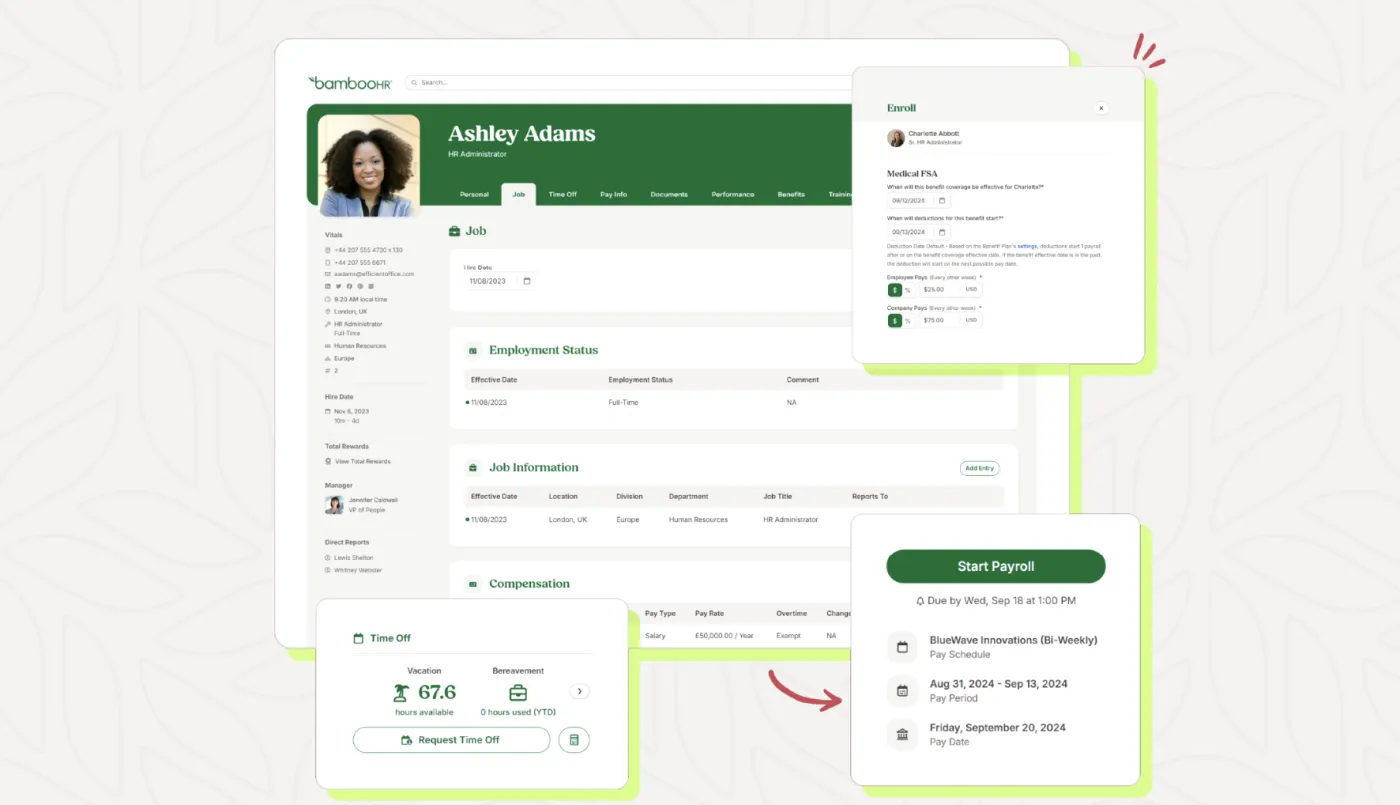 BambooHR employee profile with job information, time off and payroll
