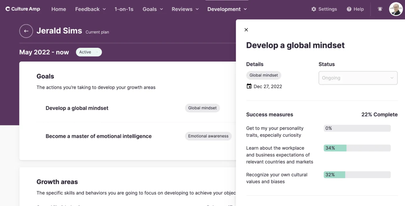 Culture Amp development plan with goals, growth areas and success measures