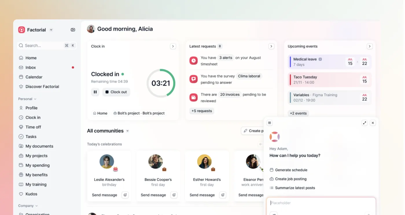 Factorial home screen with clock-in, requests, events and AI assistant
