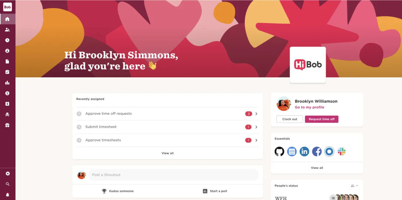 HiBob employee home screen with tasks, shoutouts and time-off requests