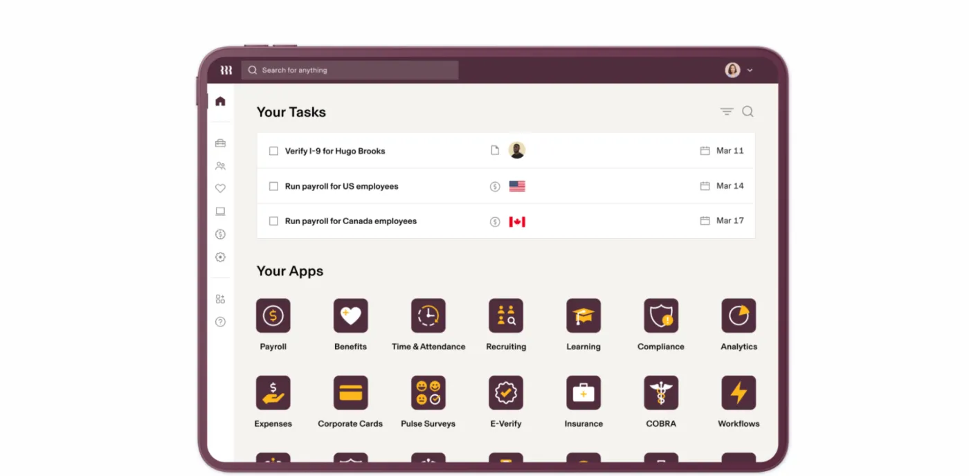 Rippling task list and app launcher for payroll, benefits, recruiting and more