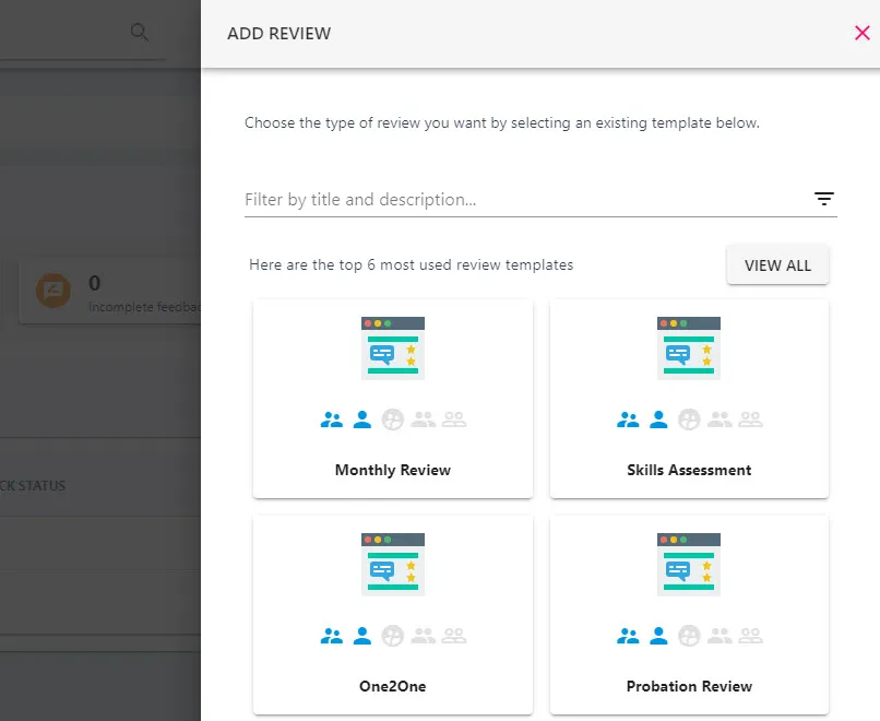 StaffCircle Add Review panel with Monthly Review, Skills Assessment, One2One and Probation Review templates