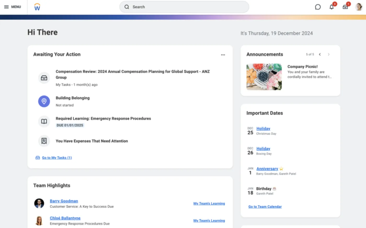 Workday home screen with actions awaiting, team highlights and important dates