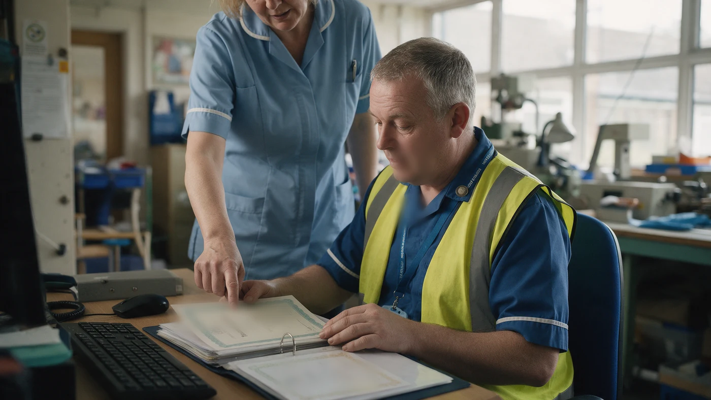 A care worker and a manufacturing supervisor reviewing a binder of training certificates together at a desk
