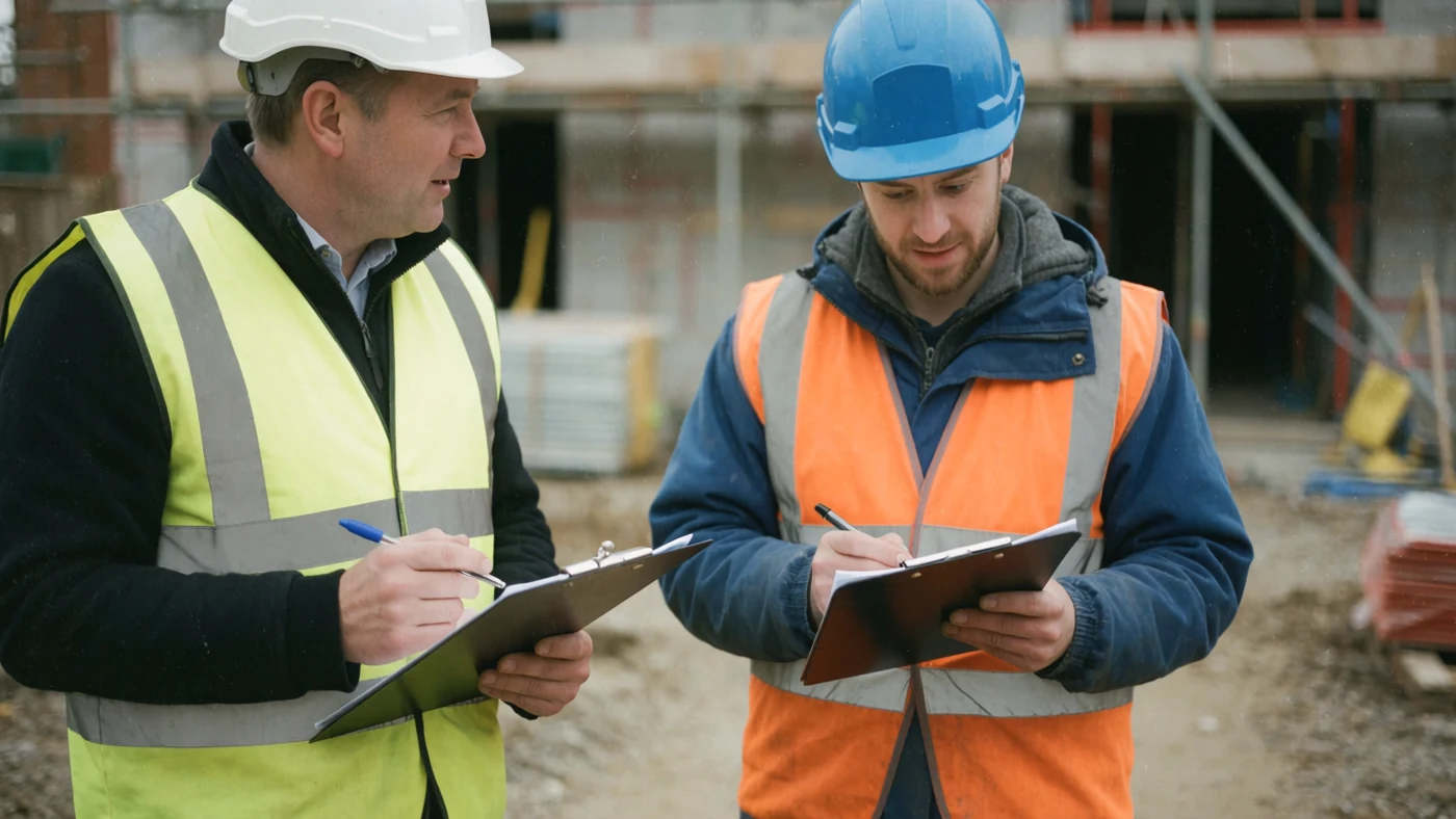 Two construction supervisors checking training records against a clipboard on site