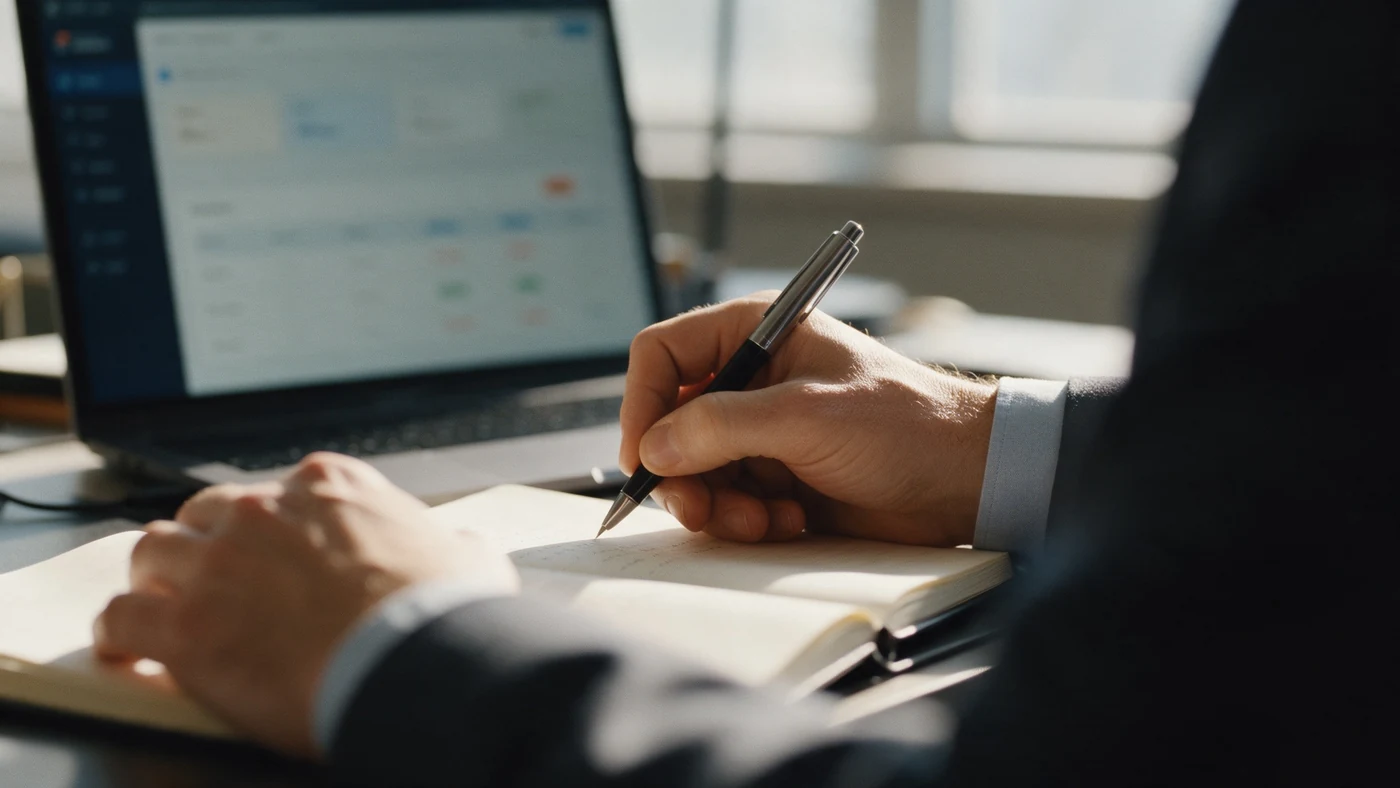 A manager writing a documented rationale for a calibration decision at a desk