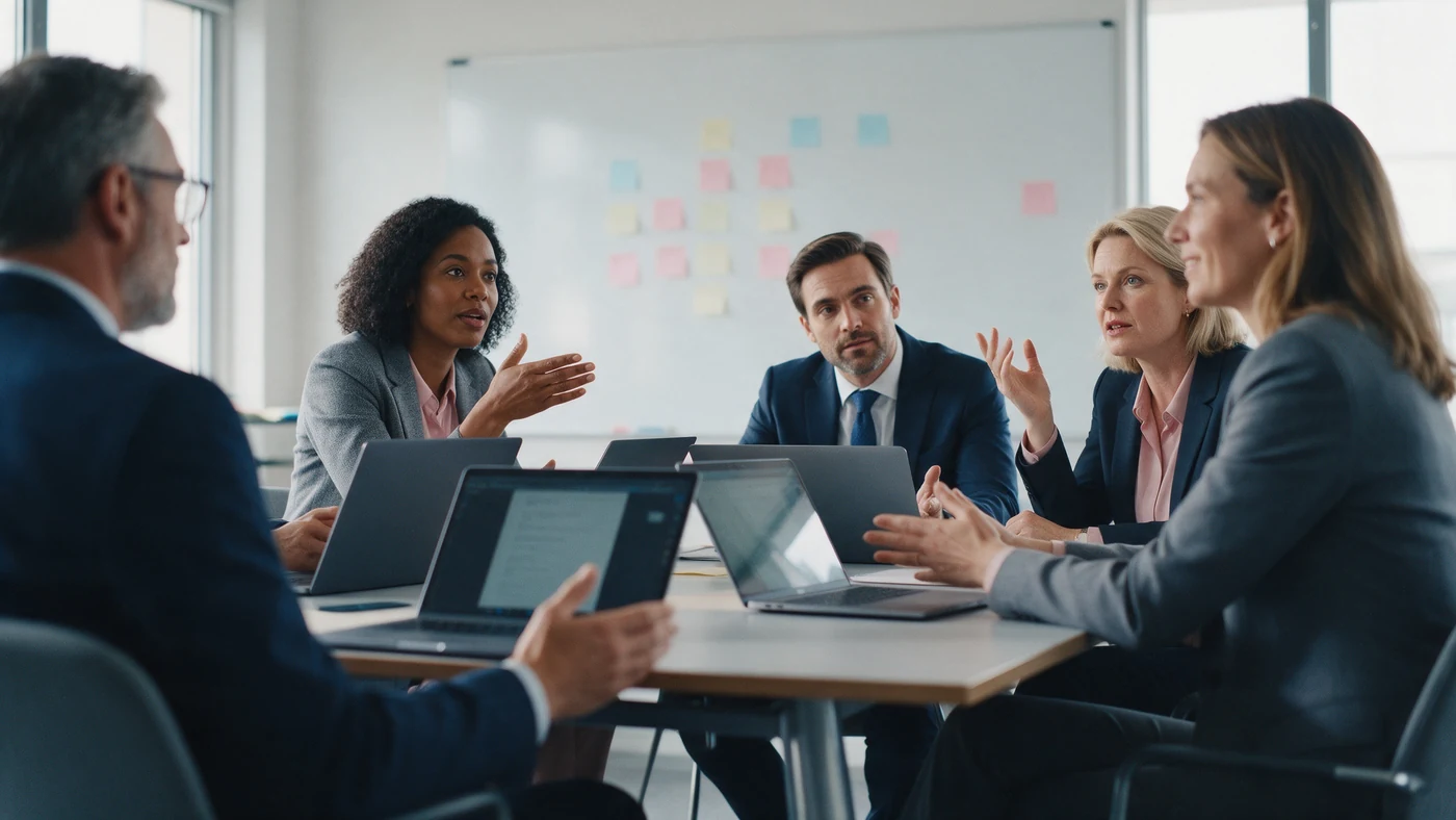 A group of managers in a calibration meeting discussing draft performance ratings around a conference table