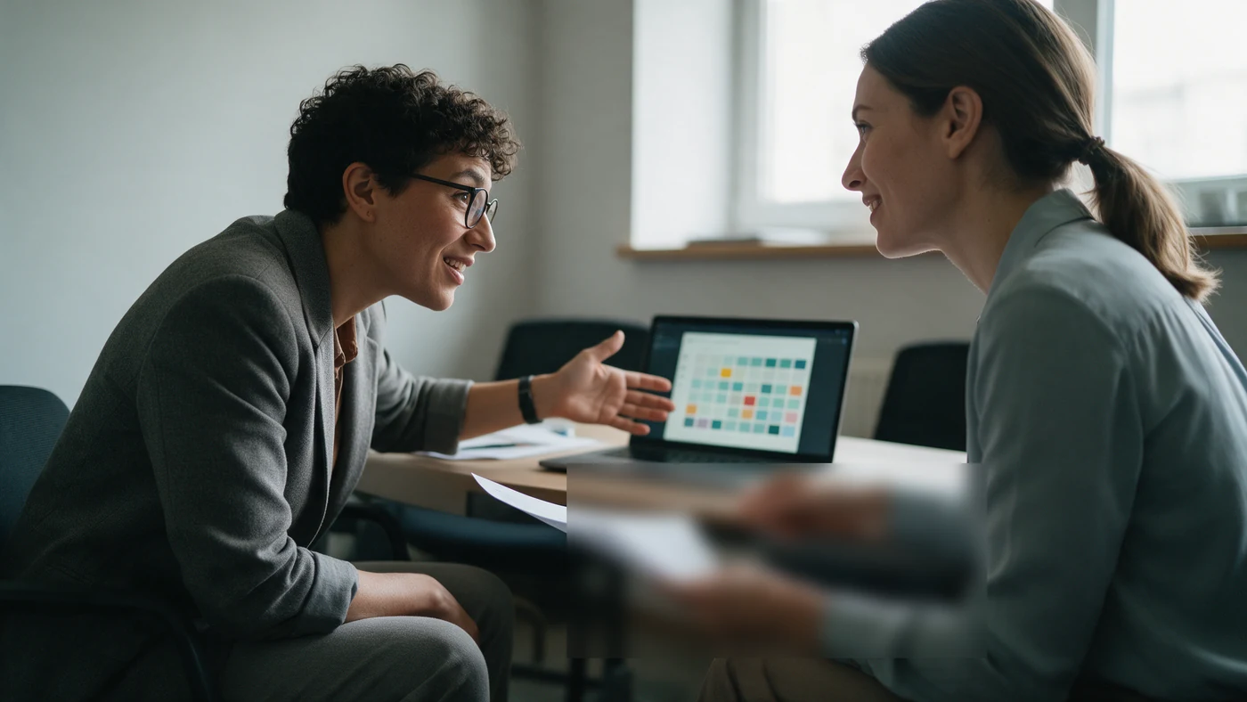 Two HR professionals discussing a skills data grid on a laptop in a meeting room
