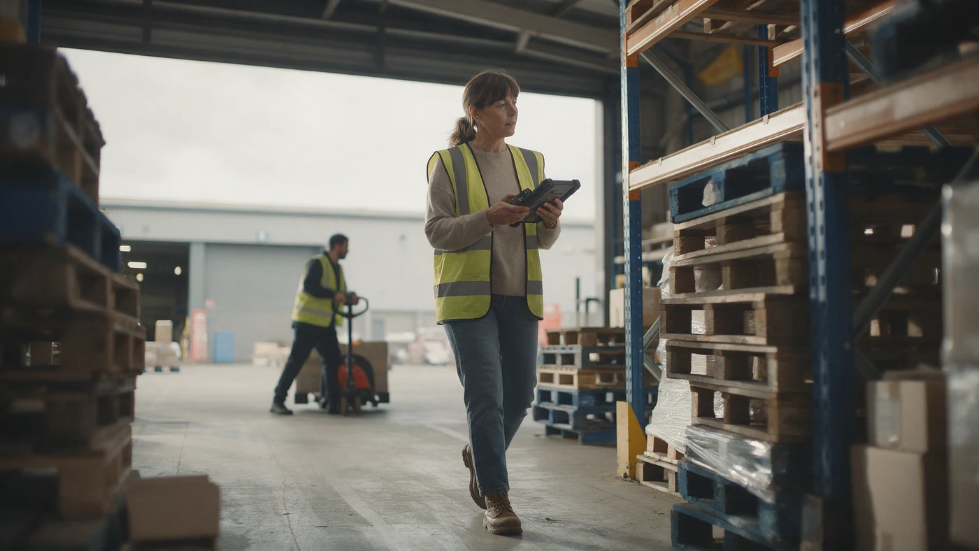 A shift supervisor walking a warehouse loading bay with a handheld device, checking stock and shelving