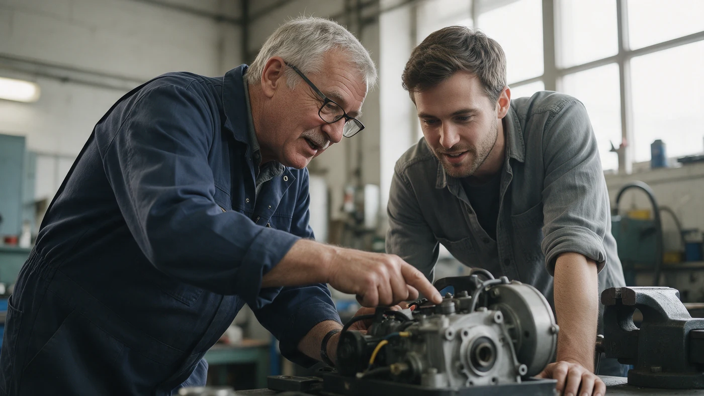 An experienced technician showing a younger colleague how to inspect a piece of equipment on a workbench