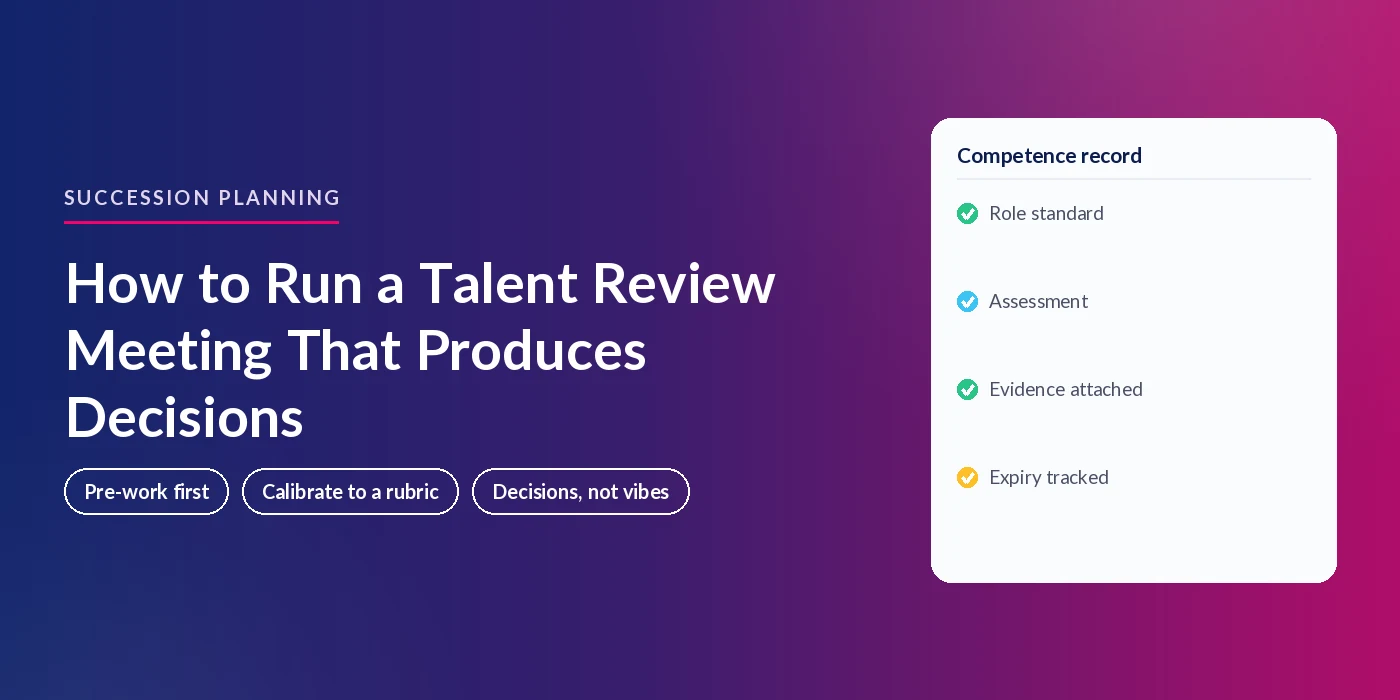 Talent review meeting hero graphic reading pre-work first, calibrate to a rubric, decisions not vibes