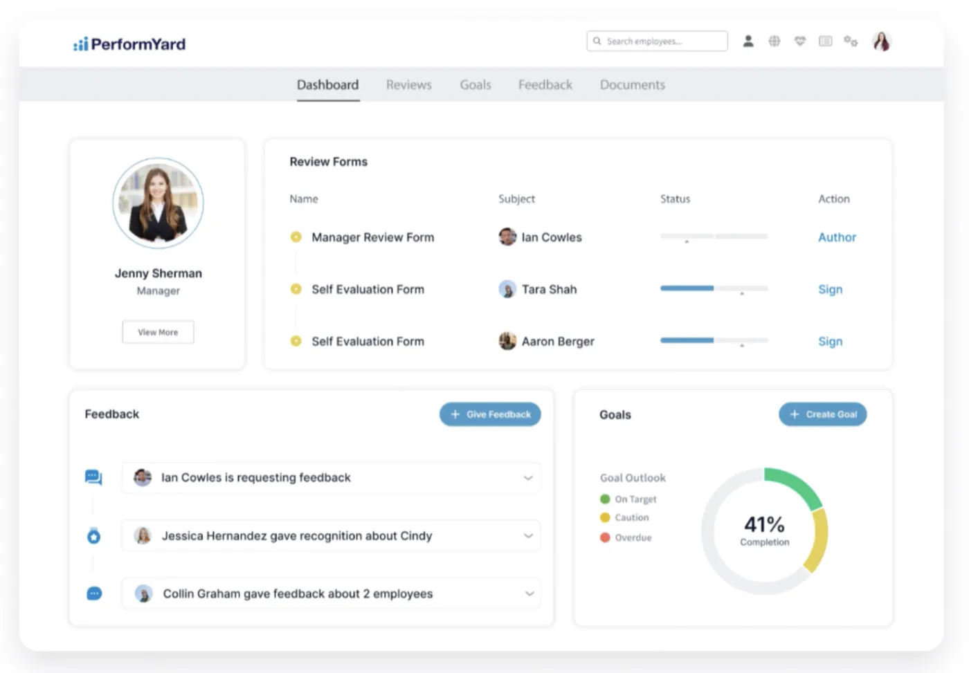 PerformYard dashboard with review forms, feedback and goals