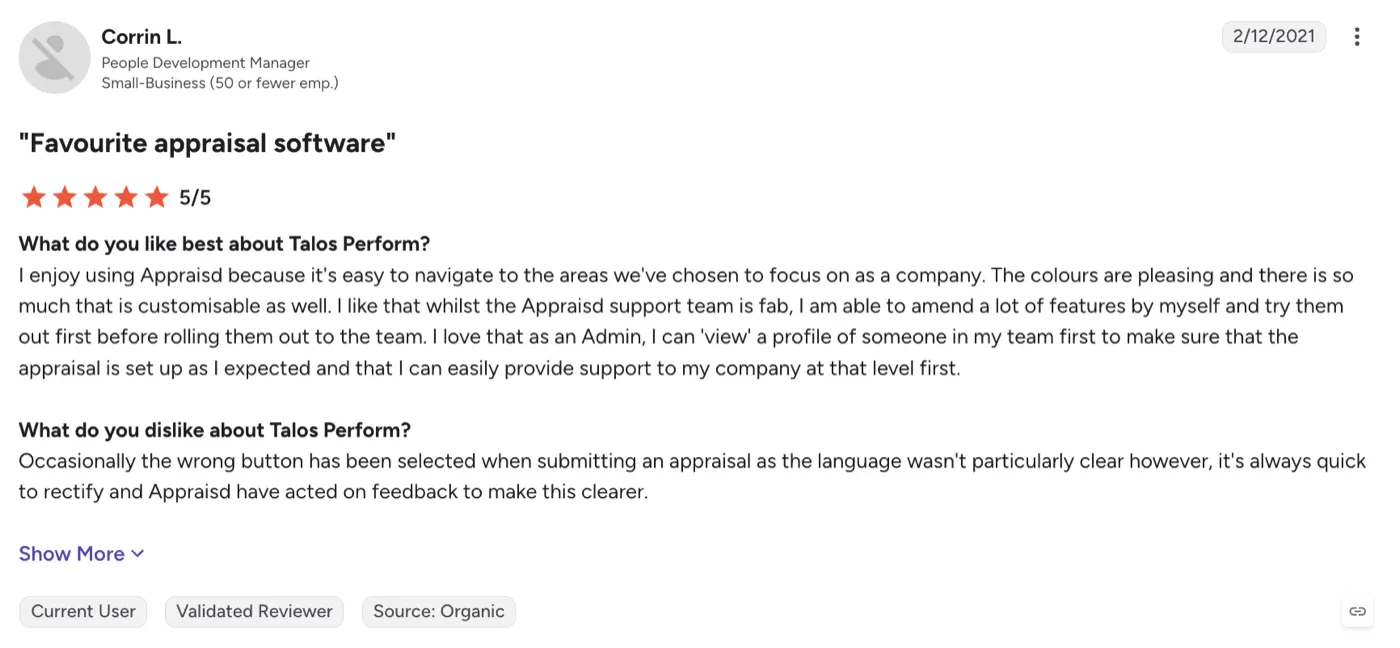 G2 review of Talos Perform by Corrin L., People Development Manager, on appraisal submission wording