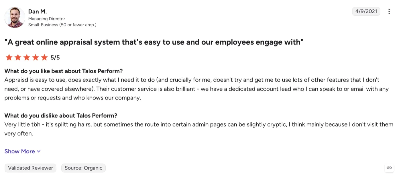 G2 review of Talos Perform by Dan M., Managing Director, on admin page navigation