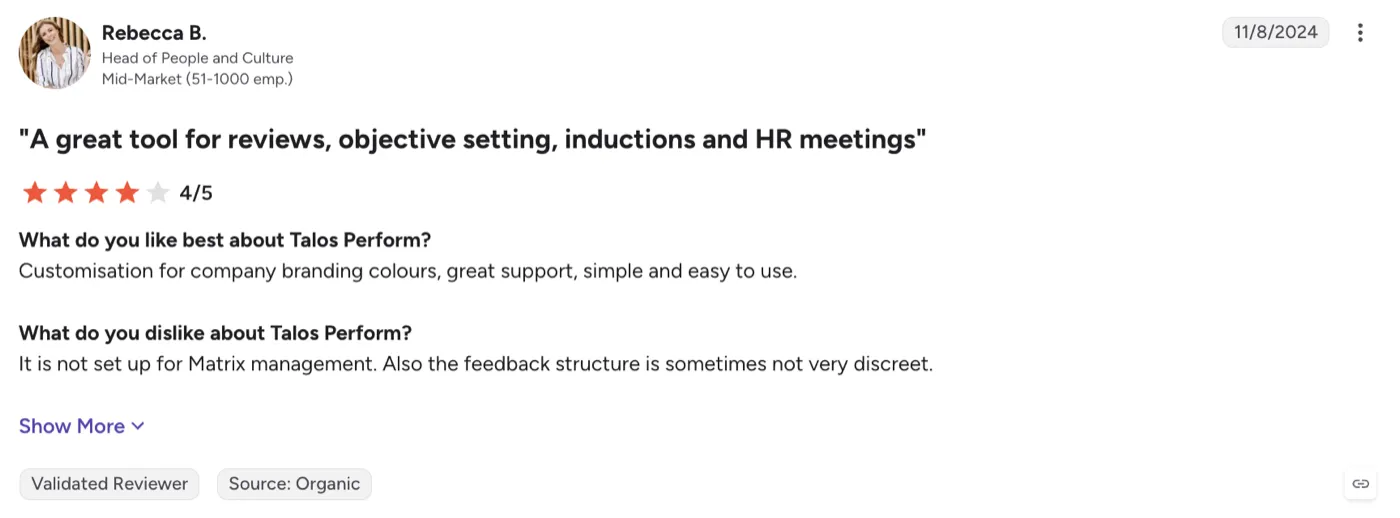 G2 review of Talos Perform by Rebecca B., Head of People and Culture, on matrix management