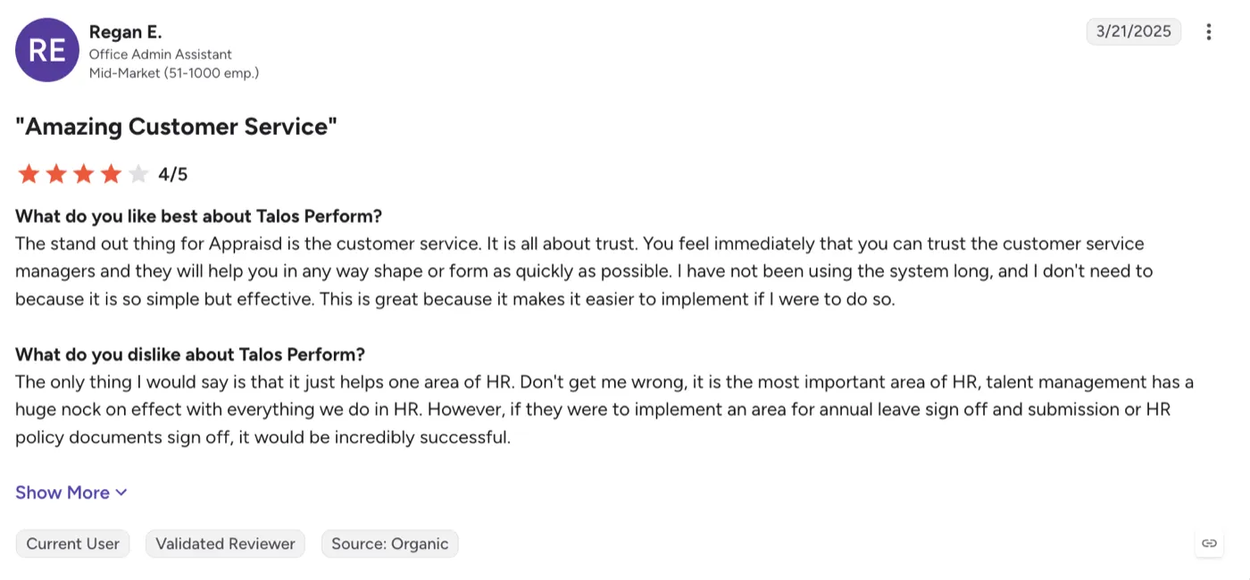 G2 review of Talos Perform by Regan E., Office Admin Assistant, on wider HR functionality