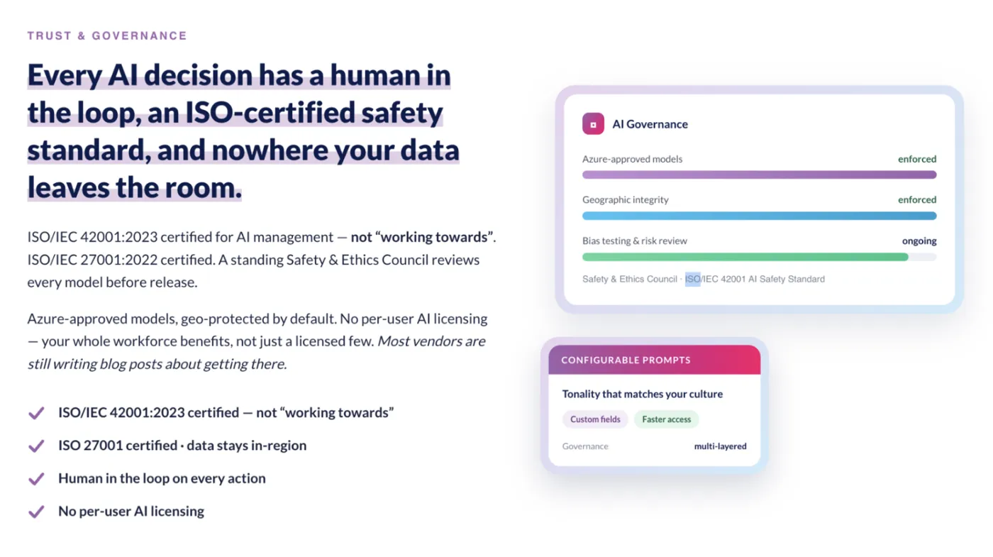 StaffCircle AI governance: ISO 42001 and ISO 27001 certified, with a human in the loop on every action