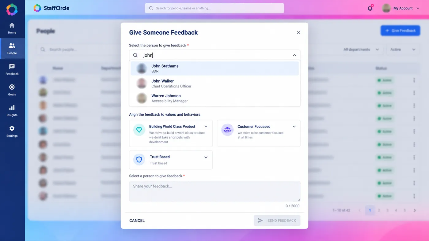 StaffCircle Give Someone Feedback window aligning feedback to company values