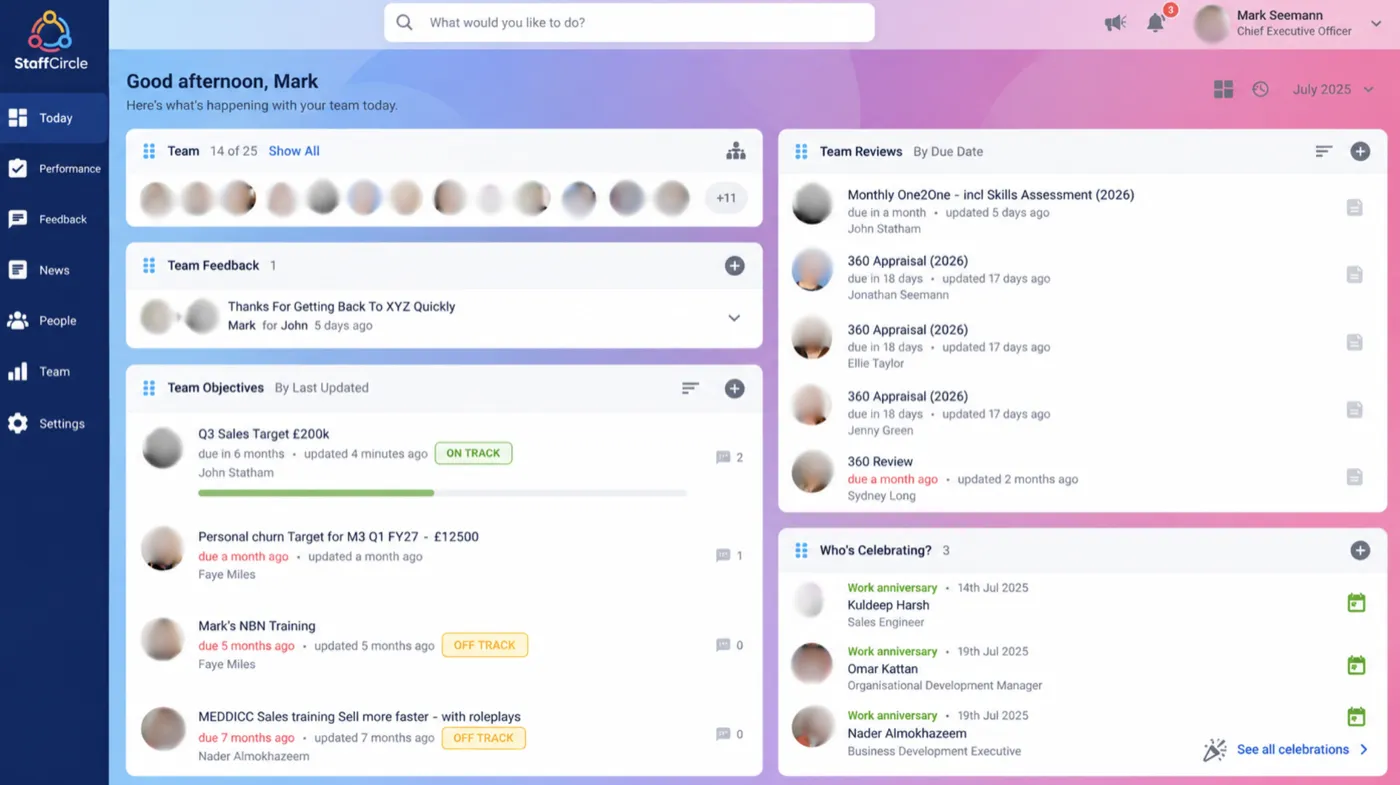 StaffCircle home dashboard showing team objectives, team reviews and feedback