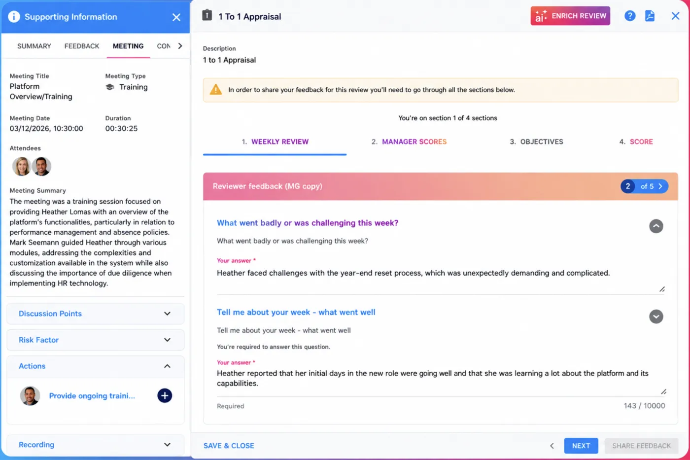StaffCircle 1:1 appraisal with Notetaker meeting summary and supporting information