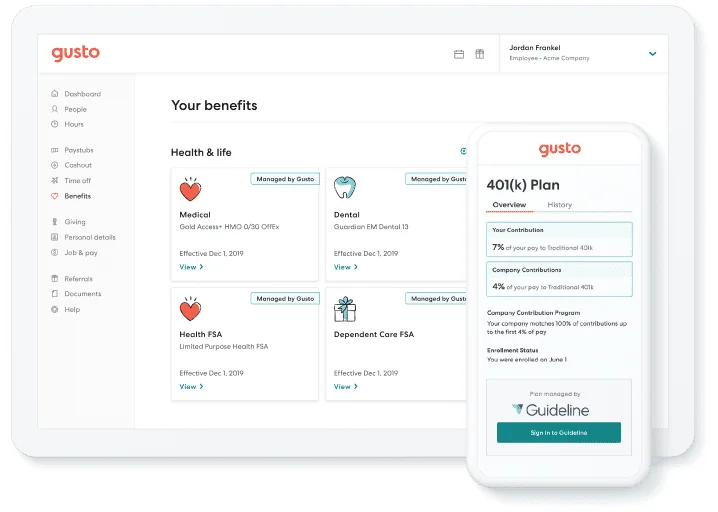 Gusto benefits and payroll screen with 401(k) plan on mobile