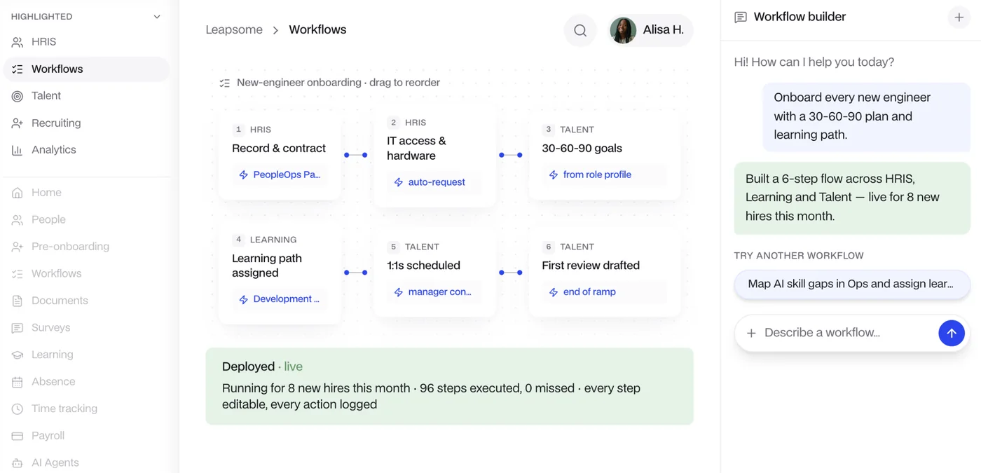Leapsome performance reviews and learning paths