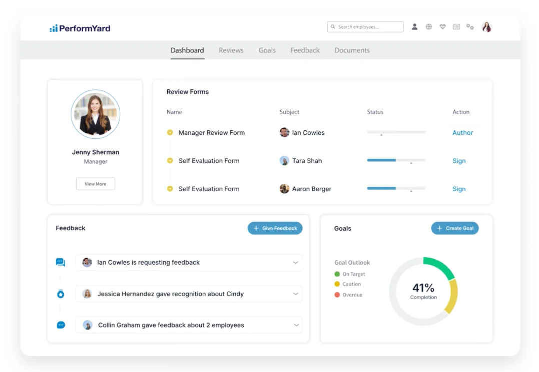 PerformYard performance management dashboard with review forms, feedback and goals