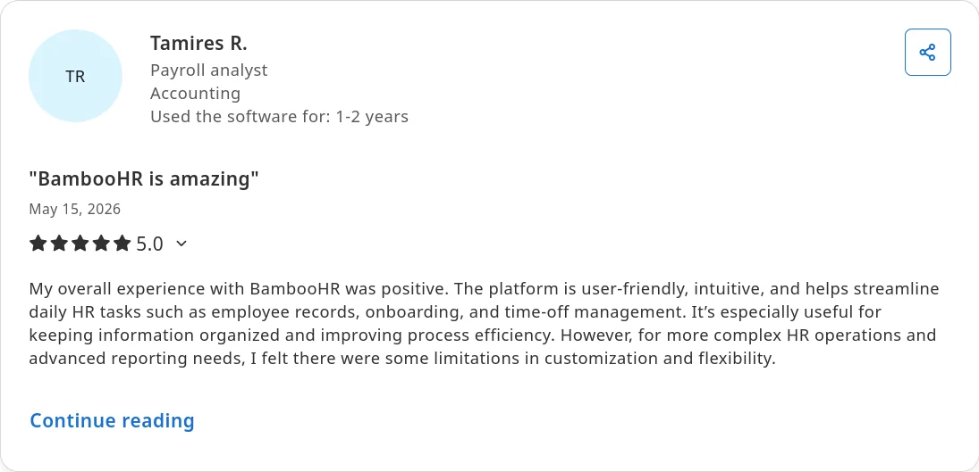Capterra review of BambooHR by Tamires R., Payroll Analyst, on international integrations