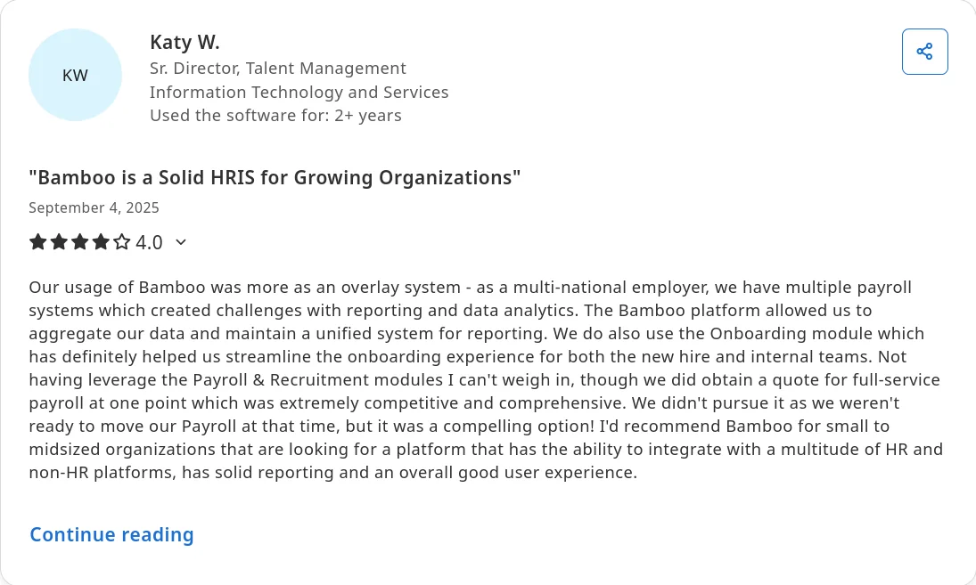 Capterra review of BambooHR by Katy W., Sr. Director of Talent Management