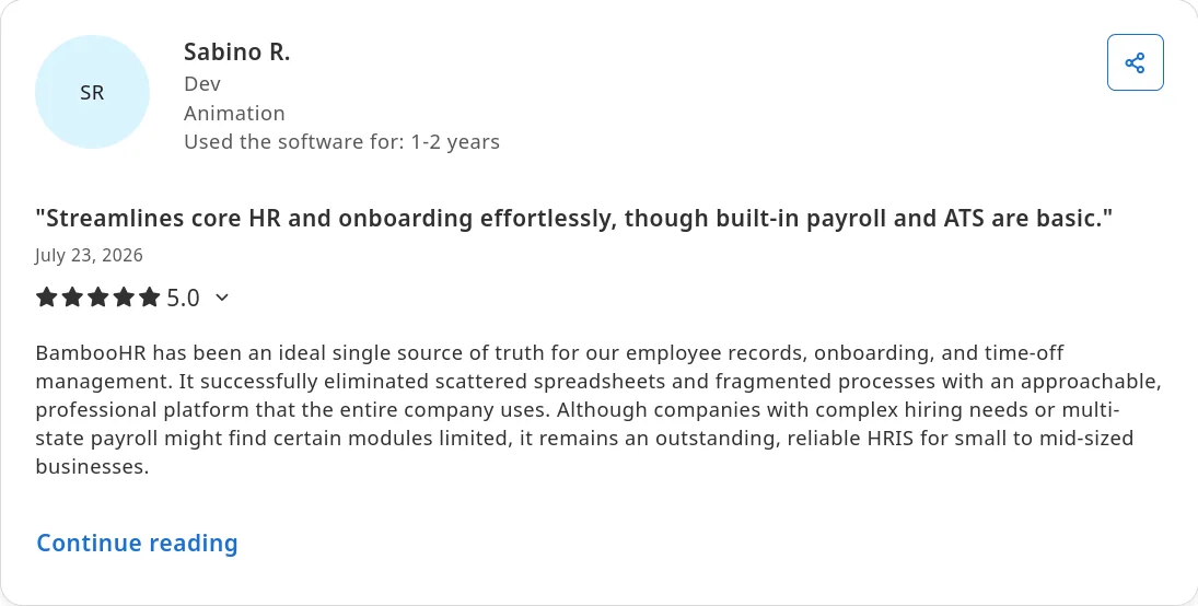 Capterra review of BambooHR by Sabino R. describing its built-in payroll as basic