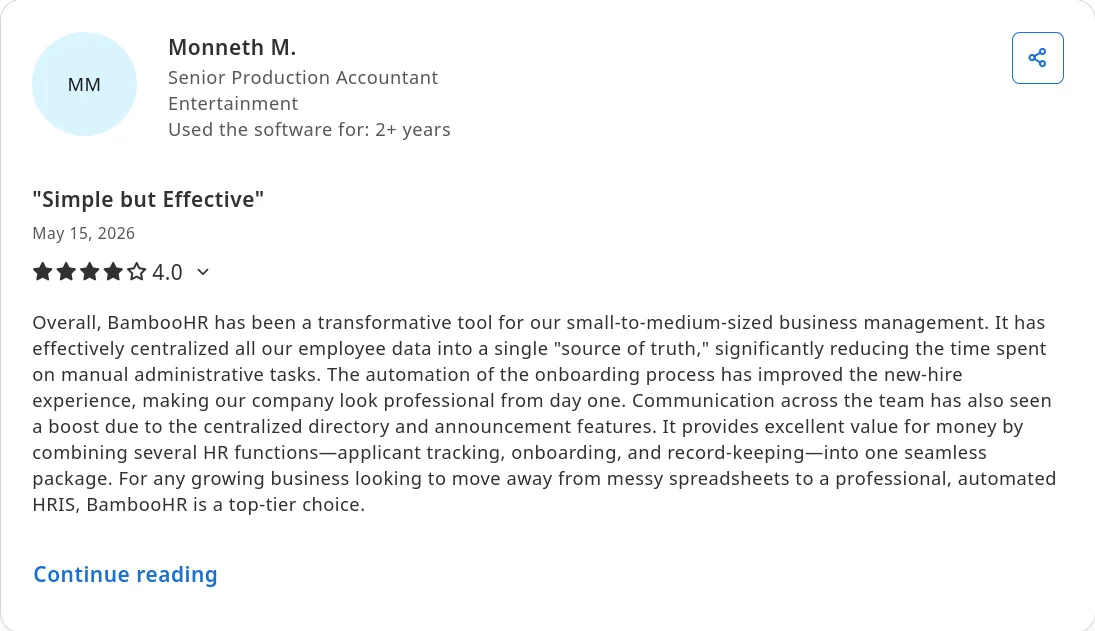 Capterra review of BambooHR by Monneth M. on competency mapping in performance tools