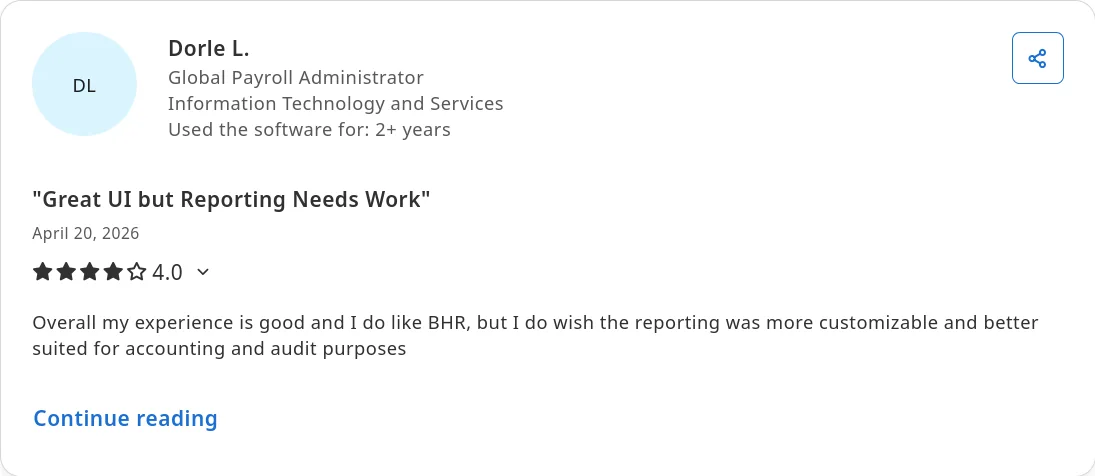 Capterra review of BambooHR by Dorle L., Global Payroll Administrator, on historical reporting