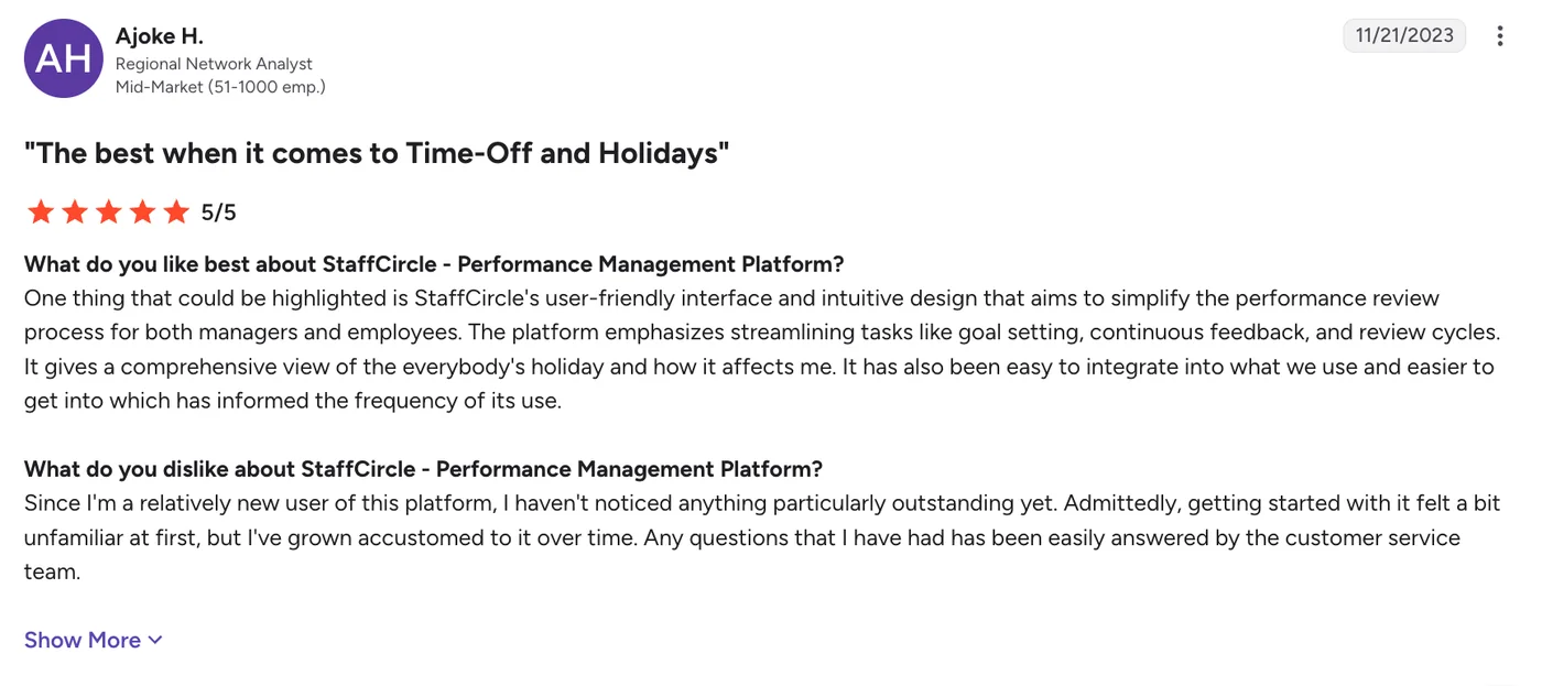 Verified G2 review of StaffCircle implementation and support