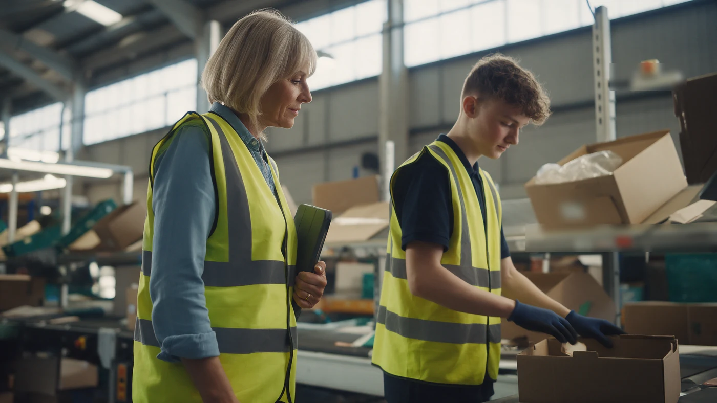 A warehouse team leader in a hi-vis vest quietly observes an operative working at a packing station