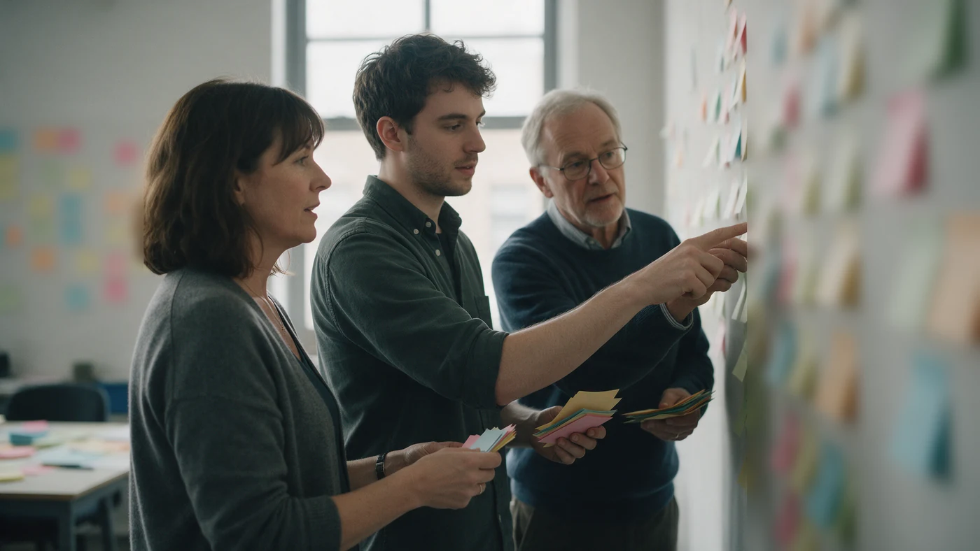 Three colleagues sorting blank index cards into columns on a workshop wall