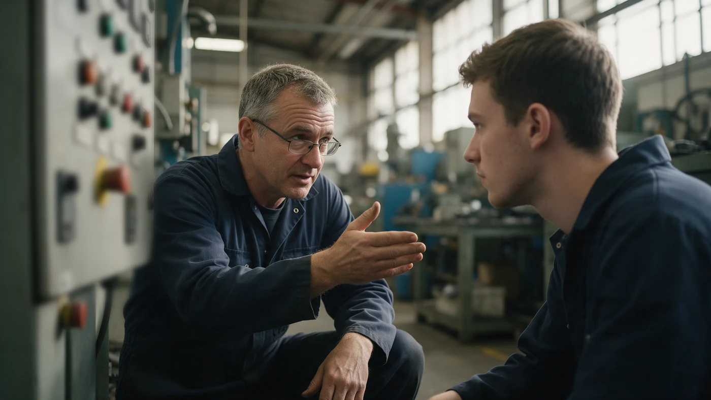 Experienced maintenance engineer explaining a control panel fault to a younger colleague on a factory floor