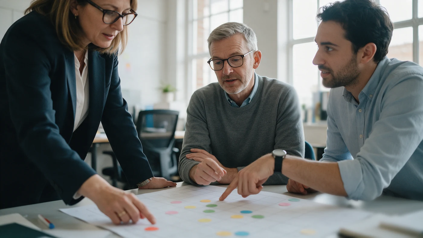 HR director, operations manager and finance lead scoring roles on a printed grid with coloured dots