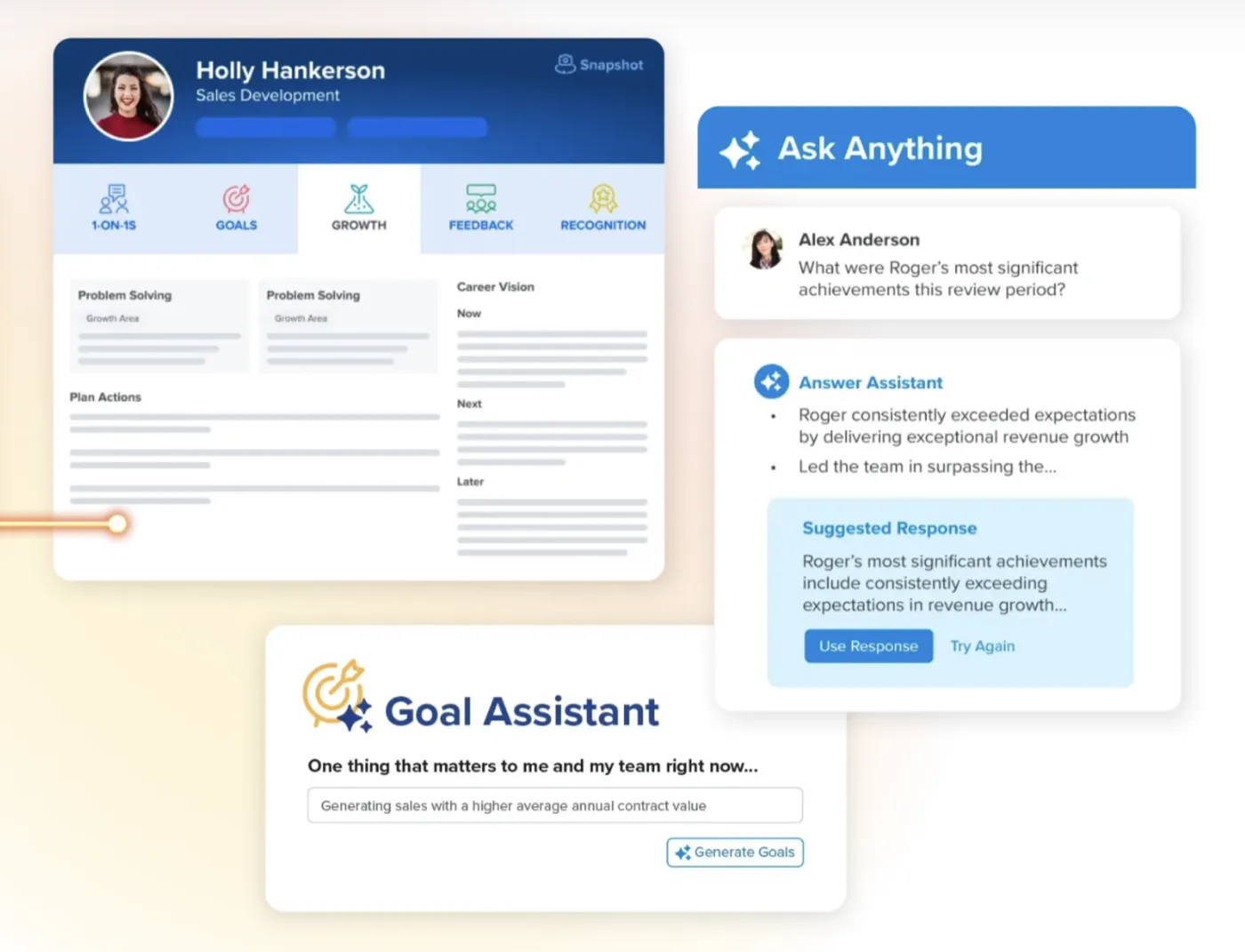 Quantum Workplace employee snapshot with Ask Anything and Goal Assistant AI
