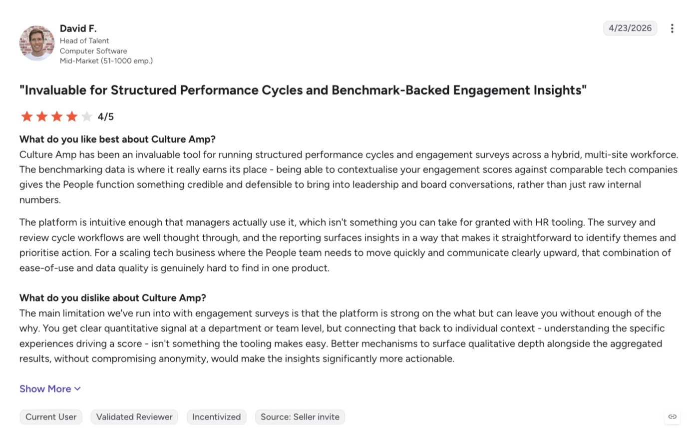 G2 review of Culture Amp by David F., Head of Talent, on engagement survey context