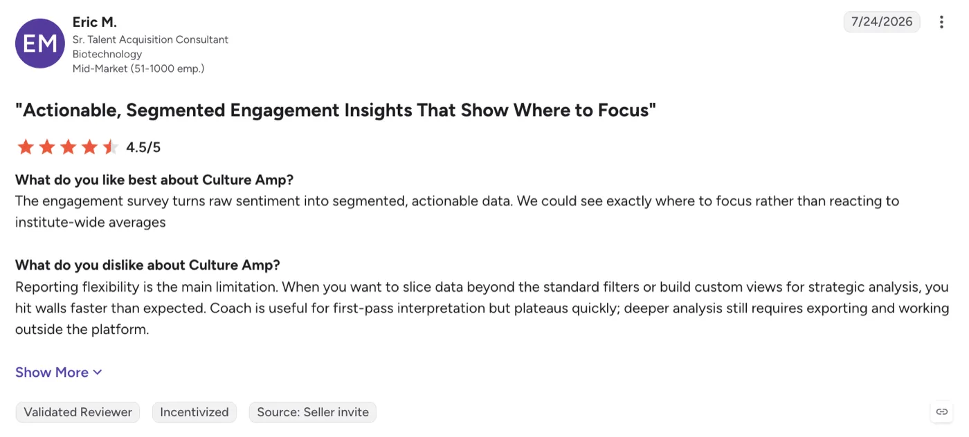 G2 review of Culture Amp by Eric M., Senior Talent Acquisition Consultant, on reporting flexibility