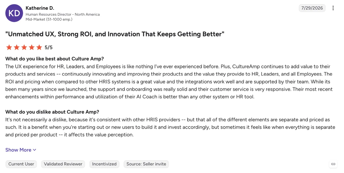 G2 review of Culture Amp by Katherine D., HR Director, on separately priced products