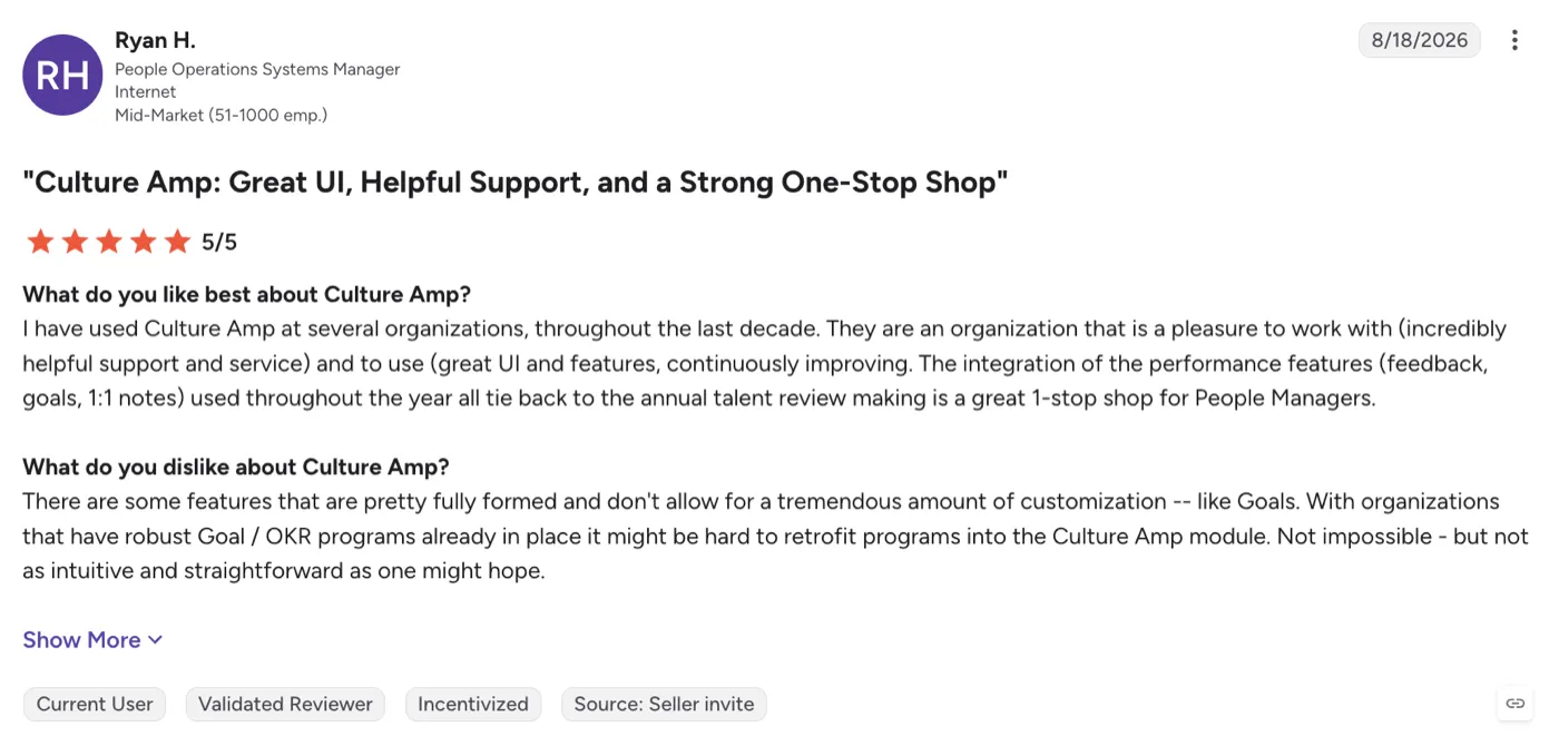 G2 review of Culture Amp by Ryan H., People Operations Systems Manager, on Goals customisation