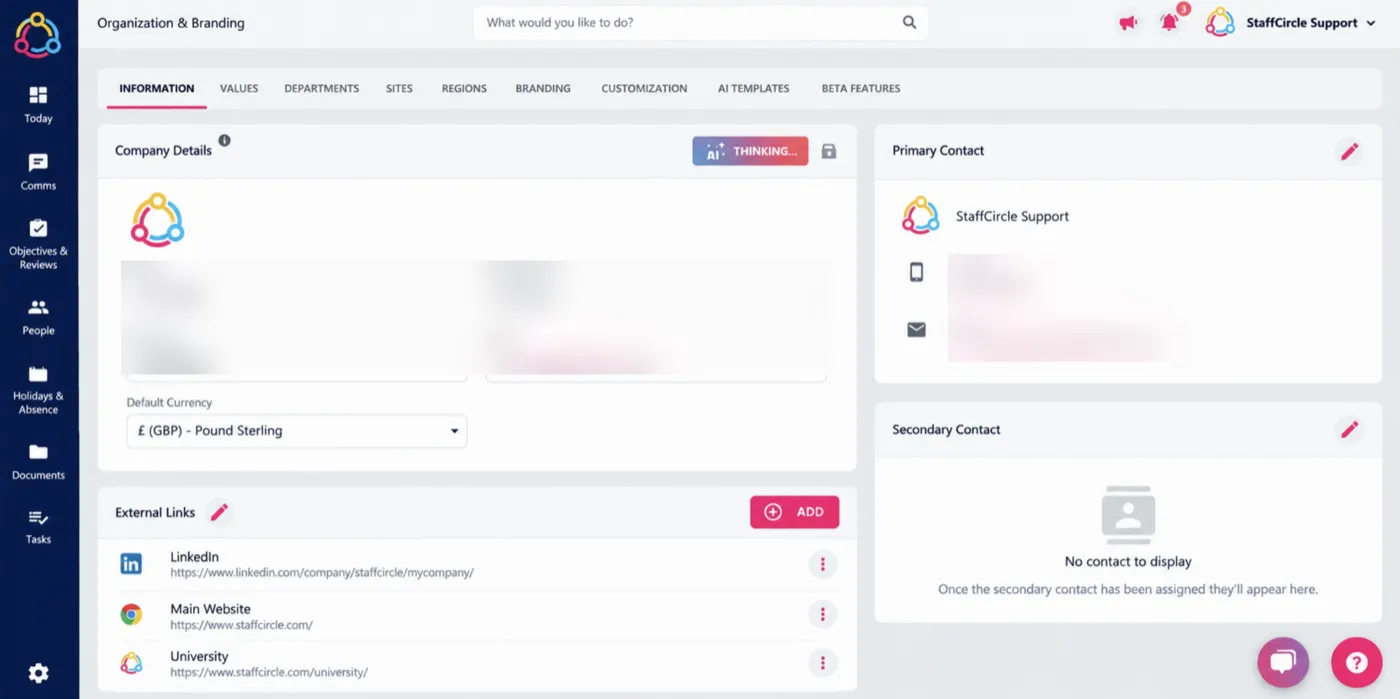 StaffCircle organisation settings with values, departments, sites, customisation and AI templates