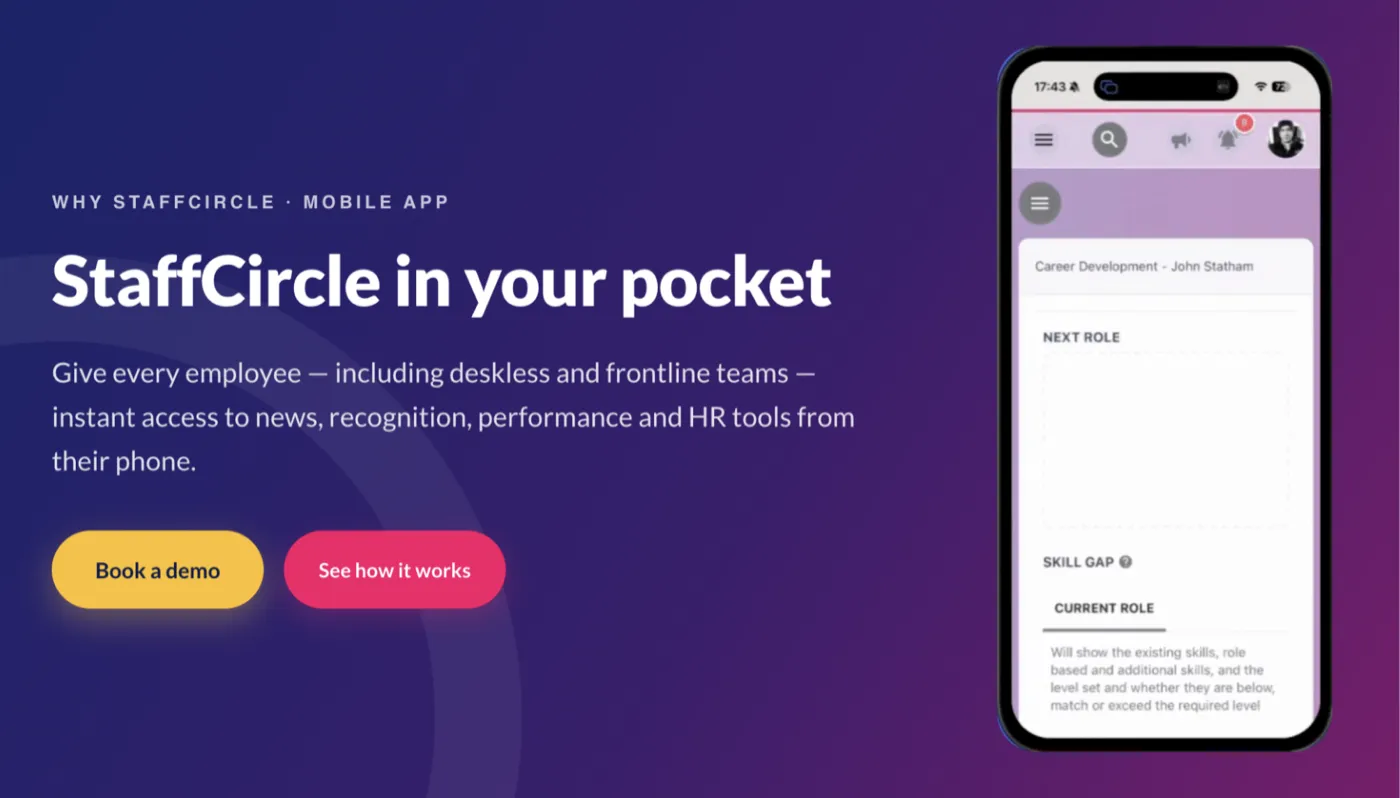 StaffCircle mobile app giving deskless and frontline employees news, recognition and performance tools