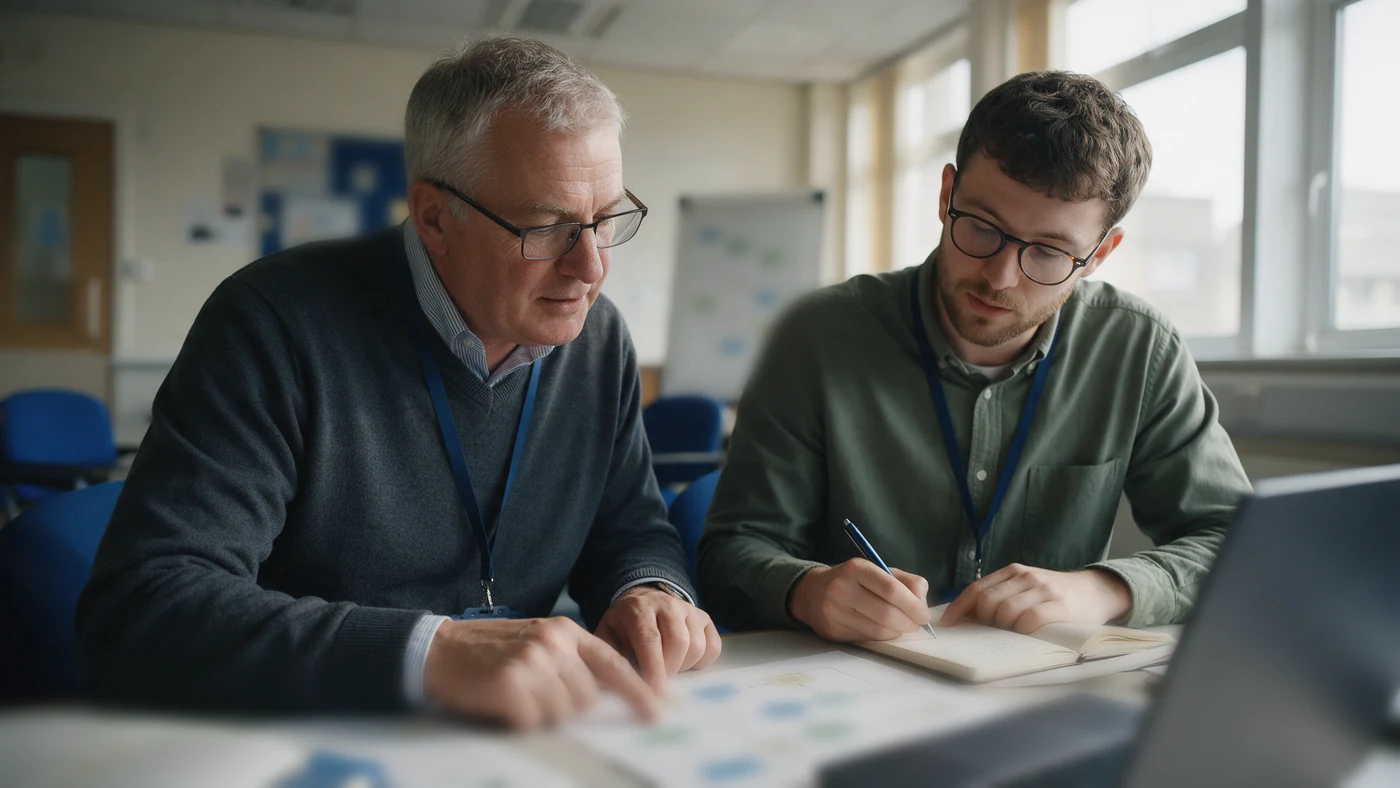 Experienced manager walking a younger colleague through a process diagram during a handover