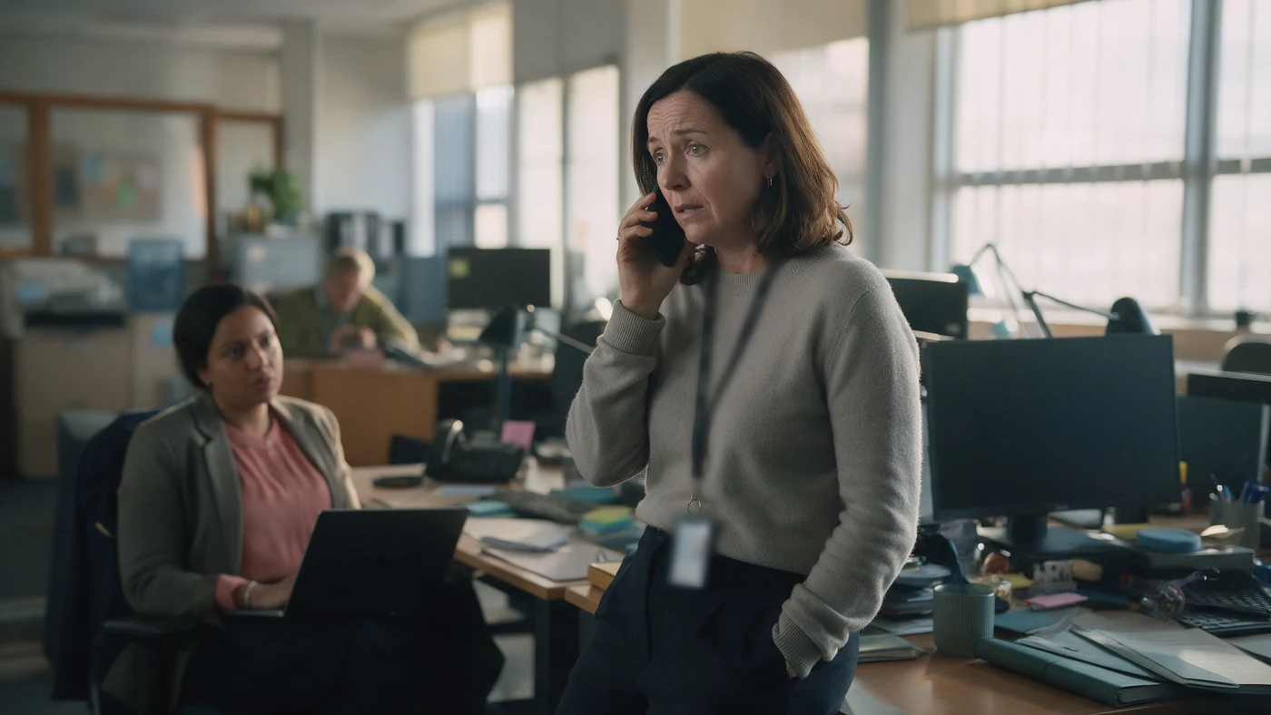 HR director on the phone beside a colleague's empty desk after a sudden absence