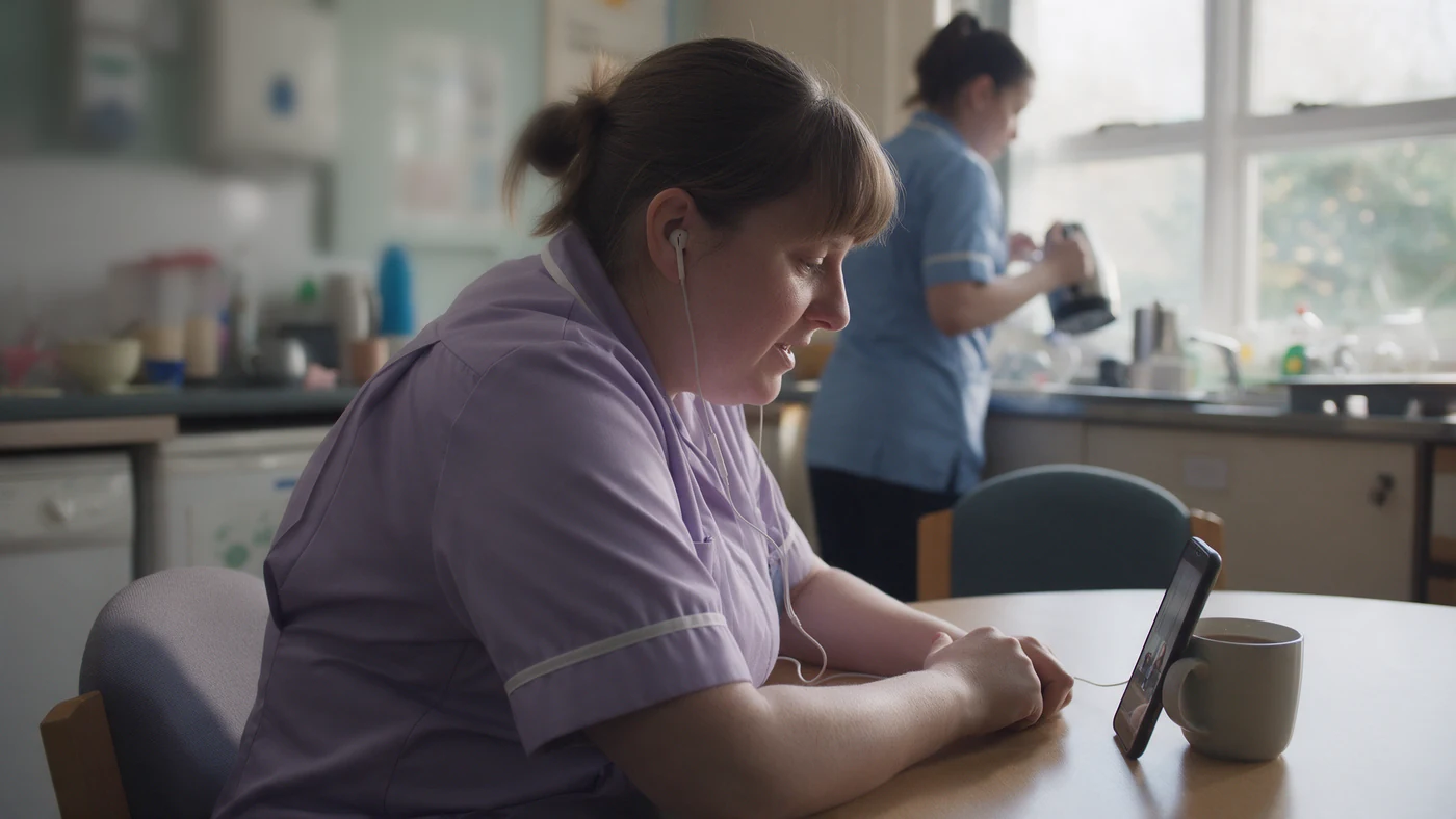 A care worker watching a short training video on her phone in a staff break room