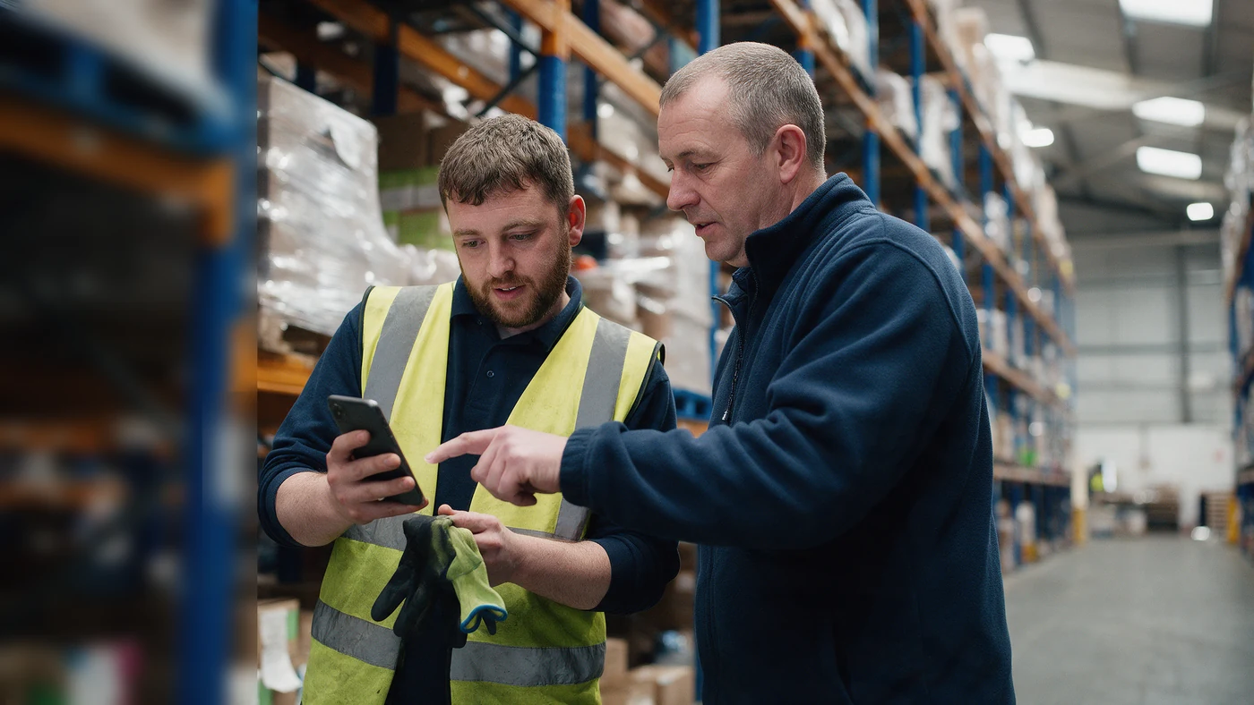 A warehouse supervisor showing an operative something on a smartphone in a racking aisle